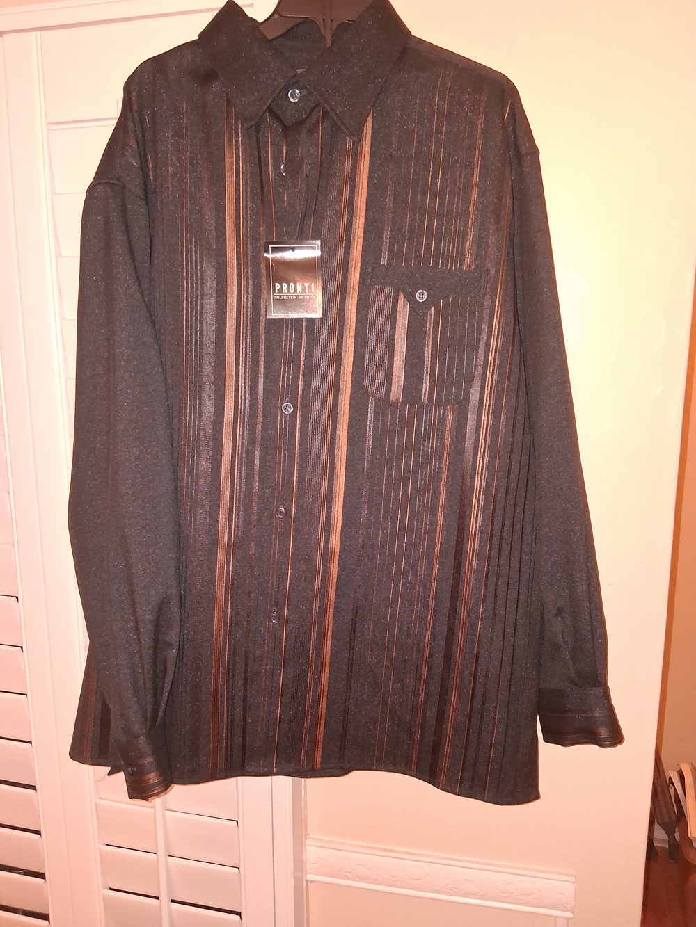 PRONTI Men's Black Leisure Suit with Brown Pinstripes - Casual Button-Down